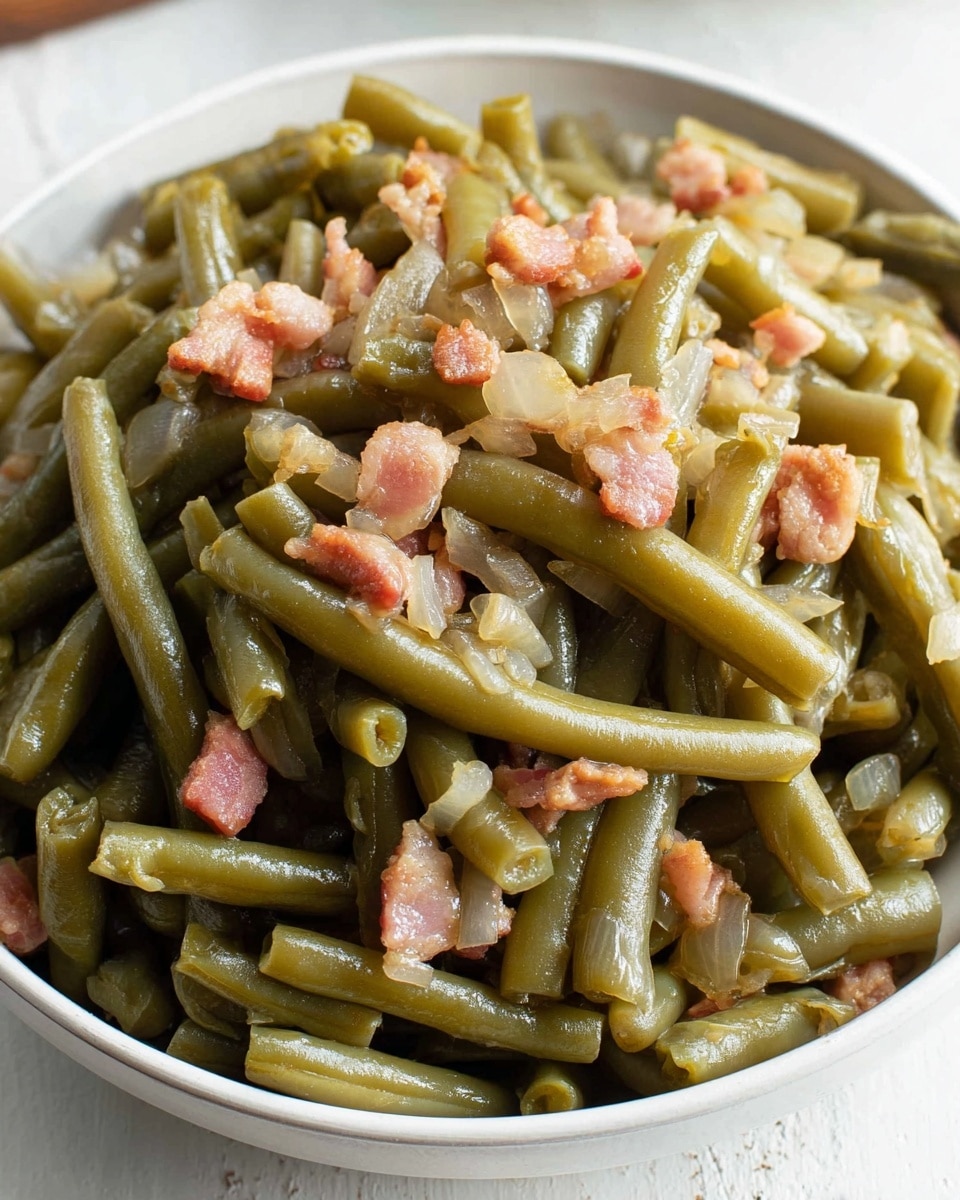 The dish shows a large heap of cooked green beans with a soft, muted green color. Mixed throughout are small, irregular pieces of cooked bacon in shades of pink and light brown, along with bits of translucent cooked onions. All the ingredients are piled high on a simple, white bowl, sitting on a white marbled textured surface. The green beans have a smooth but slightly wrinkled texture, and the bacon pieces add a bit of roughness and color contrast. Photo taken with an iphone --ar 4:5 --v 7