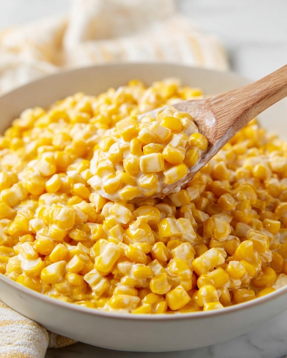 A close-up image shows a large white bowl filled with bright yellow corn kernels coated in a creamy white sauce. A wooden spoon lifts a scoop of the creamy corn from the bowl, revealing the smooth and slightly glossy texture of the sauce clinging to the corn. The background features a white marbled surface with a blurred white and beige striped cloth, adding soft contrast to the yellow and white tones of the dish. photo taken with an iphone --ar 4:5 --v 7