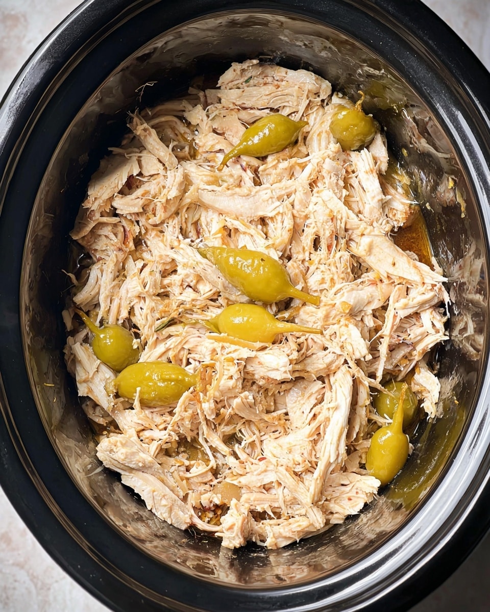 A close-up view of a white plate filled with shredded chicken that is light beige in color, mixed with thin slices of yellow banana peppers and small green parsley leaves scattered on top. The chicken pieces look tender and moist with a soft texture, while the banana peppers add a bright yellow contrast and curved shapes. The plate is placed on a blue and white striped cloth, and the background shows a white marbled surface. photo taken with an iphone --ar 4:5 --v 7