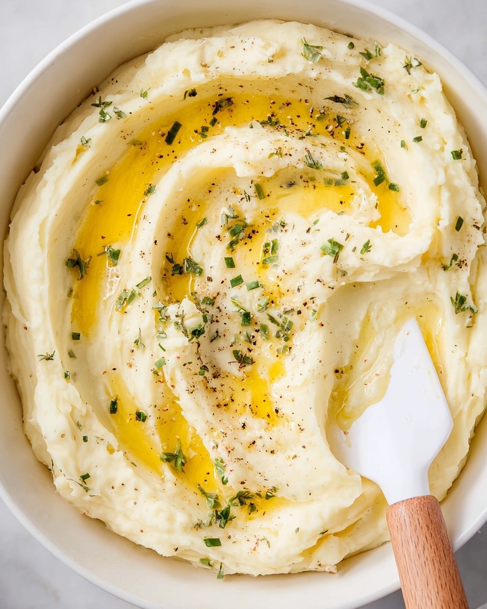 A close-up view of creamy mashed potatoes in a round white bowl, showing one thick, smooth layer with a soft, whipped texture. The top layer is swirled neatly with a spatula, revealing streaks of melted yellow butter pooling gently on the surface. Small specks of black pepper and finely chopped green herbs are scattered evenly across the potatoes, adding contrast and freshness. A white spatula with a wooden handle is partially digging into the potatoes on the right side of the bowl. The dish sits on a white marbled surface. photo taken with an iphone --ar 4:5 --v 7