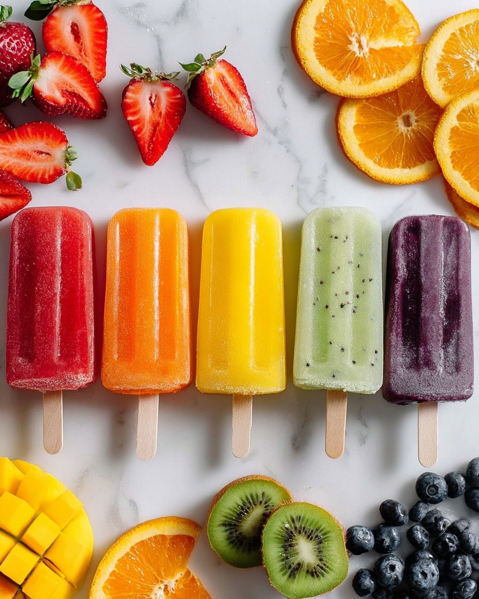 Five colorful popsicles are lined up horizontally in the center on a white marbled surface. From left to right, the first is red and smooth, the second is bright orange and smooth, the third is bright yellow and smooth, the fourth is light green with small black seeds visible inside, and the fifth is purple with small dark specks throughout. Around the popsicles, fresh fruits are scattered: sliced and whole strawberries on the left, orange slices and halves near the top left and bottom left, diced mango cubes in a half shell below the yellow popsicle, whole and halved kiwis near the top and bottom right, and a cluster of blueberries on the top right and bottom right corners. The photo taken with an iphone --ar 4:5 --v 7
