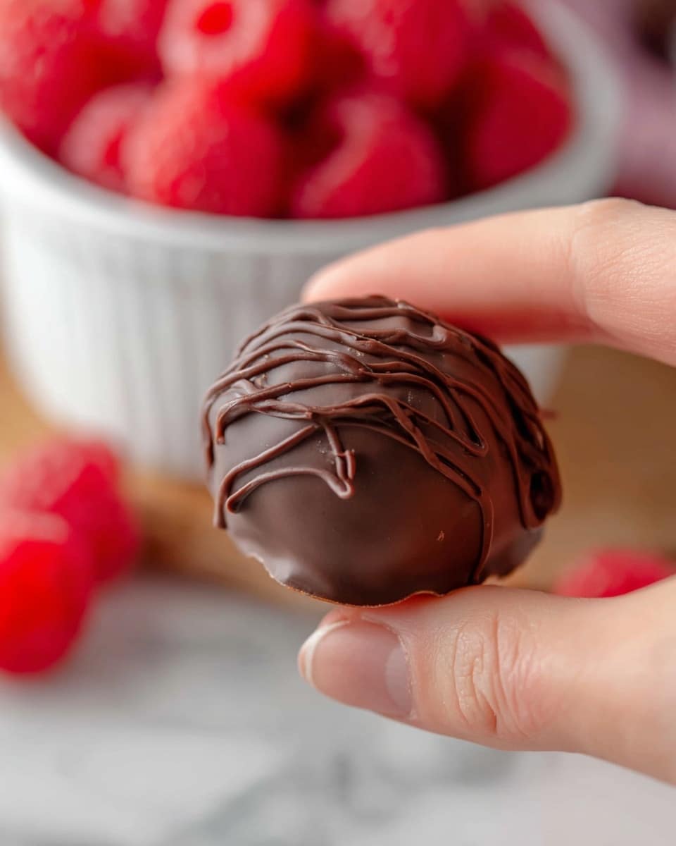 A close-up image showing a woman's hand holding a round chocolate-covered treat with dark brown smooth chocolate coating and delicate drizzles of extra chocolate on top, giving it a slightly textured look; in the blurry background, there is a white bowl filled with bright red raspberries placed on a white marbled surface. Photo taken with an iphone --ar 4:5 --v 7
