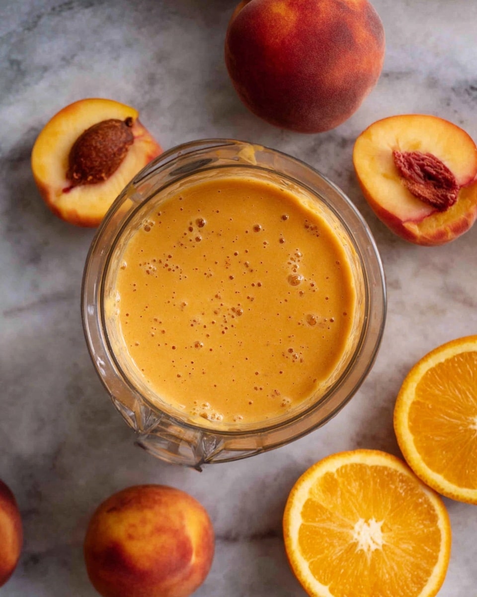 A transparent blender container filled with a thick, creamy orange smoothie that has small dark specks throughout and bubbles on the surface, surrounded by fresh fruit including whole and halved peaches with reddish-orange skin and a large peach pit visible, and two halved bright orange oranges showing their juicy inner segments, all placed on a white marbled surface. photo taken with an iphone --ar 4:5 --v 7
