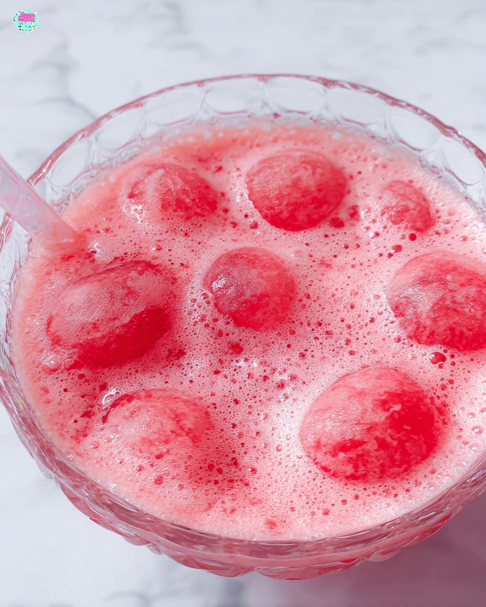 The image shows a clear glass bowl filled with a bright pink foamy drink. Inside the drink, there are several rounded ice cubes of the same pink color floating on the surface. The foam is thick and bubbly, covering the top layer of the drink, which appears slightly more liquid and smooth underneath. The bowl has a scalloped edge and is set against a white marbled texture background, with part of a clear straw visible on the left side. photo taken with an iphone --ar 4:5 --v 7