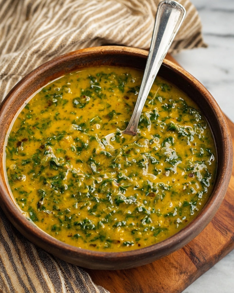 A close-up top view of a small round bowl filled with a thick green sauce mixed with oil, showing a textured mix of finely chopped herbs and spices with small bubbles on the surface. A silver spoon rests inside the bowl on the right side, partly covered in sauce. The bowl has a light brown rim and sits on a white marbled textured surface. Photo taken with an iphone --ar 4:5 --v 7