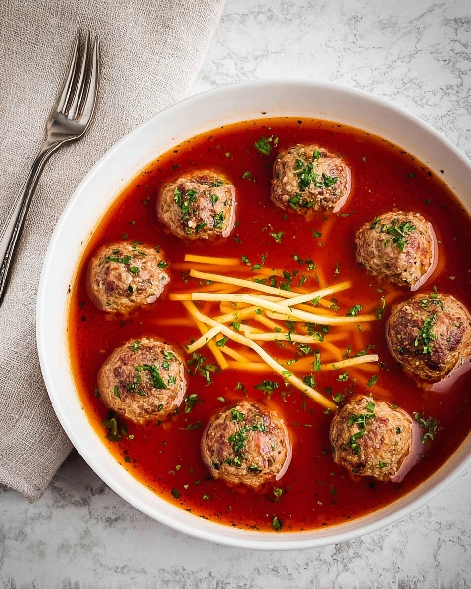 A white bowl filled with bright red tomato soup with a smooth texture, containing nine round meatballs spread evenly on the surface. Each meatball is brown with a slightly rough texture and is topped with small thin strips of light yellow cheese and fresh chopped green herbs. The soup has visible green herb pieces sprinkled throughout, floating gently around the meatballs. The bowl is placed on a white marbled surface with a shiny silver spoon and a white cloth napkin to the right side. photo taken with an iphone --ar 4:5 --v 7