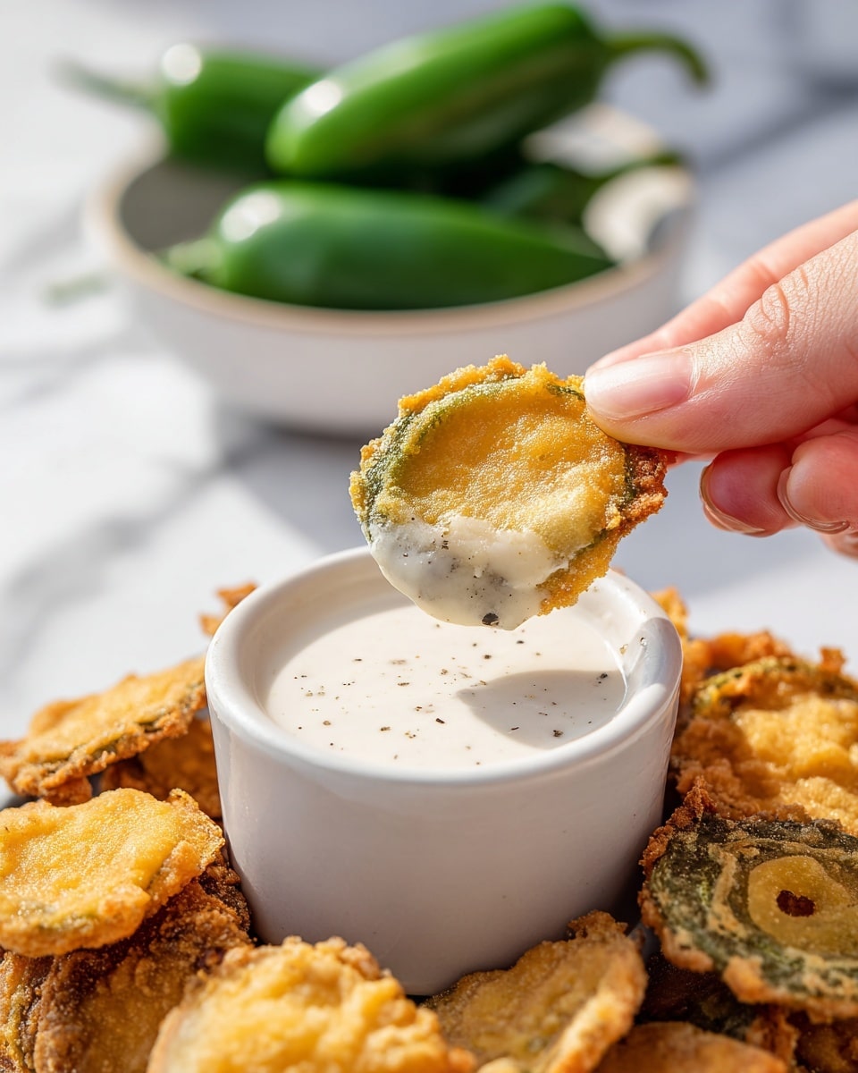 A close-up of a woman's hand holding a golden-brown fried pickle chip dipped halfway into a creamy white sauce with black pepper specks. The pickle chip is crispy with a slightly green interior visible through the crunchy batter. Below the pickle chip is a white cup filled with the creamy sauce, surrounded closely by a ring of more fried pickle chips showing the same golden color and crispy texture. In the background, several fresh green jalapeño peppers and a stack of white bowls with more fried pickles sit on a white marbled surface. The lighting is bright and natural, highlighting the textures and colors vividly. photo taken with an iphone --ar 4:5 --v 7