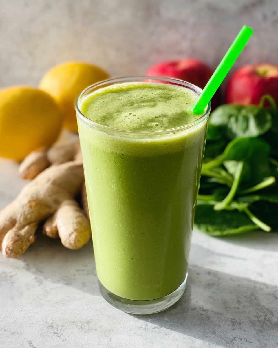 A tall clear glass filled to the top with a thick, light green smoothie with a slightly frothy texture on the surface, looking creamy and fresh; a bright green straw sticks out from the right side of the glass. Behind the glass on a white marbled surface, there are fresh ingredients including a cluster of pale beige ginger roots, a bunch of dark green leafy spinach, a yellow lemon to the right, a red apple further back, and a small curved yellow banana on the left, all placed naturally and slightly out of focus. photo taken with an iphone --ar 4:5 --v 7