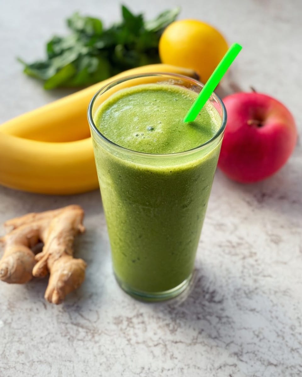 A tall clear glass filled with a thick green smoothie that has a slightly frothy texture at the top, accompanied by a bright green bendy straw placed near the center; in the background on a white marbled surface are a yellow banana, a bright yellow lemon, a red apple, some green leaves, and a cluster of light brown fresh ginger roots, all softly blurred. photo taken with an iphone --ar 4:5 --v 7