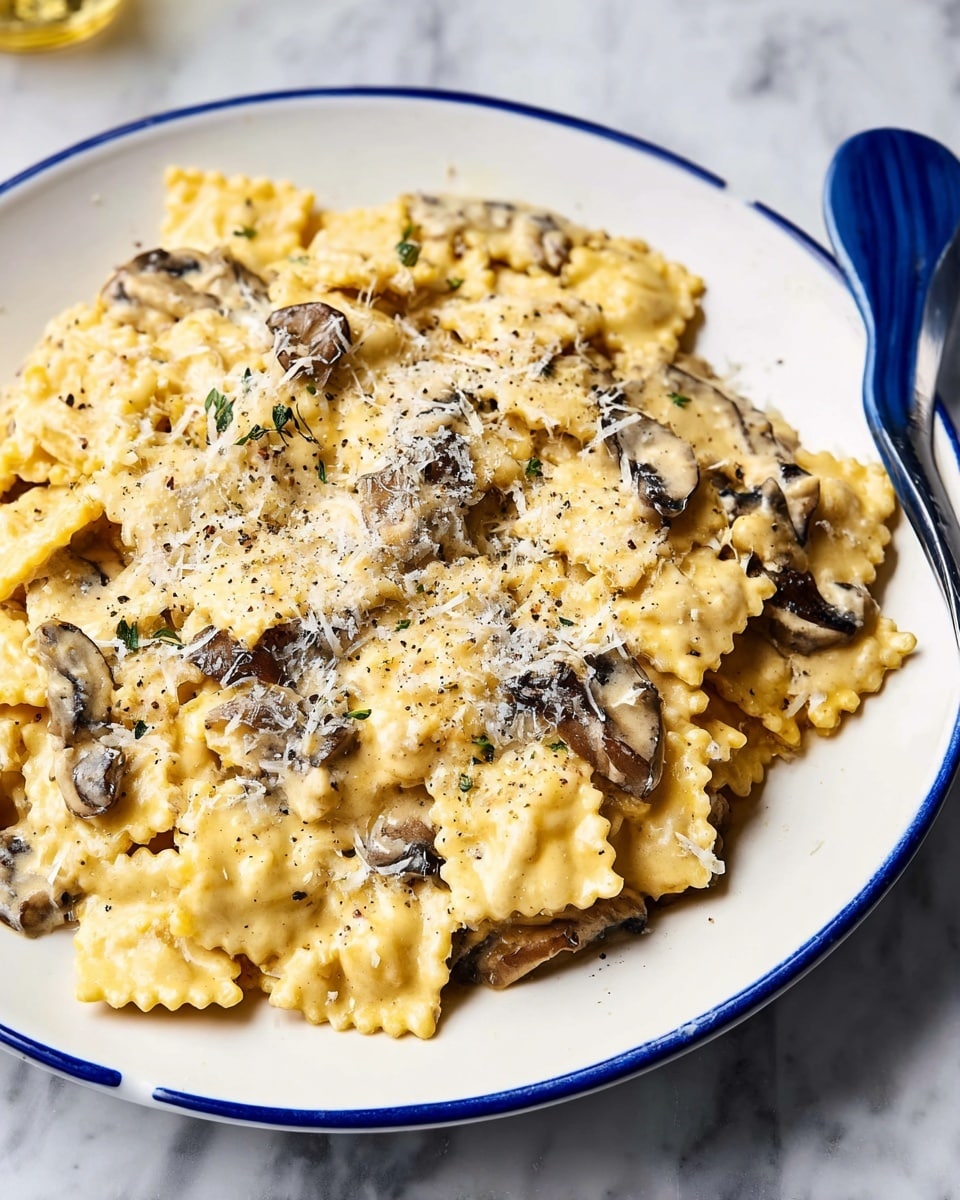 This image shows a white plate with a blue rim filled with a creamy yellow pasta dish. The pasta is made of small, square-like pieces with ruffled edges, coated thickly in a smooth, rich cheese sauce. Dark brown and light tan sliced mushrooms are scattered evenly throughout the pasta, adding texture and color contrast. The dish is topped with finely grated light-colored cheese and a light sprinkle of black pepper. A blue utensil is placed on the upper right side of the plate, all set on a white marbled surface. Photo taken with an iphone --ar 4:5 --v 7