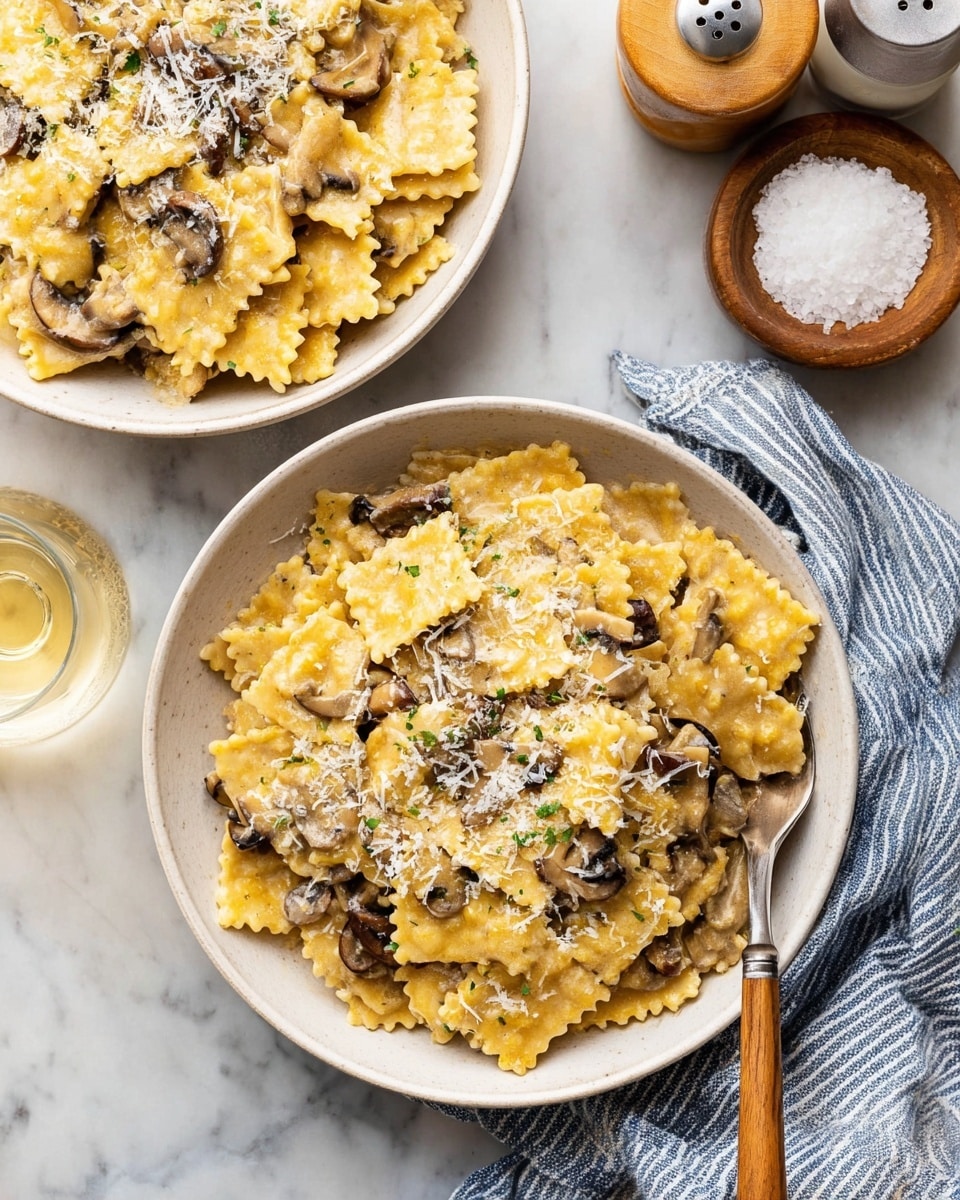 The image shows two round white bowls filled with creamy pasta topped with sliced mushrooms and grated cheese. The pasta is yellow with wavy edges and covered in a smooth, rich sauce. The mushrooms are brown with a soft texture and are mixed throughout the pasta. The grated cheese is white and lightly sprinkled on top, adding texture and contrast. One bowl has a fork with a wooden handle resting on the edge, and a blue and white striped towel is partially visible beneath it. The scene is set on a white marbled surface with two small salt and pepper shakers and part of a wooden bowl with salt at the top right. photo taken with an iphone --ar 4:5 --v 7
