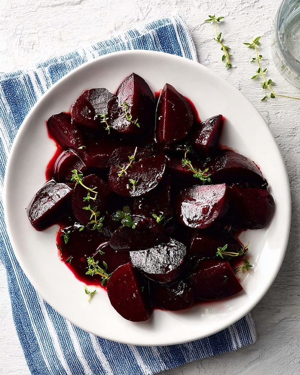 A white plate filled with dark red, glossy beet pieces cut into halves and quarters, coated in a shiny dark sauce with small green thyme leaves scattered on top. The plate sits on a blue and white striped cloth, all placed on a white marbled textured surface. photo taken with an iphone --ar 4:5 --v 7