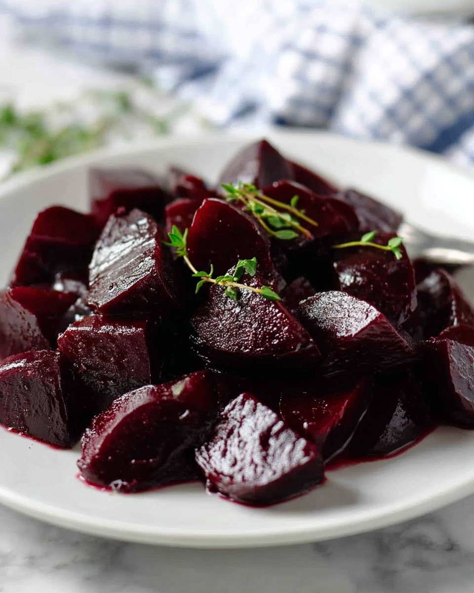 The image shows a white plate filled with dark red roasted beet chunks arranged in a slightly scattered pile. The beets have a shiny, glazed texture and appear tender. Small green herb sprigs are lightly scattered on top, adding a touch of color contrast. The plate sits on a white marbled surface with a blurred white and blue checkered cloth underneath. The overall scene gives a fresh and simple look. photo taken with an iphone --ar 4:5 --v 7