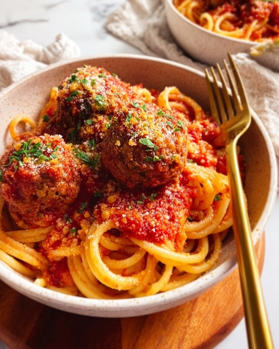 A white bowl filled with thick spaghetti noodles covered in rich red tomato sauce, topped with three large brown meatballs sprinkled with green herbs and grated cheese. Golden forks rest on the bowl's edge. The bowl sits on a wooden surface with a white marbled textured background. Photo taken with an iphone --ar 4:5 --v 7
