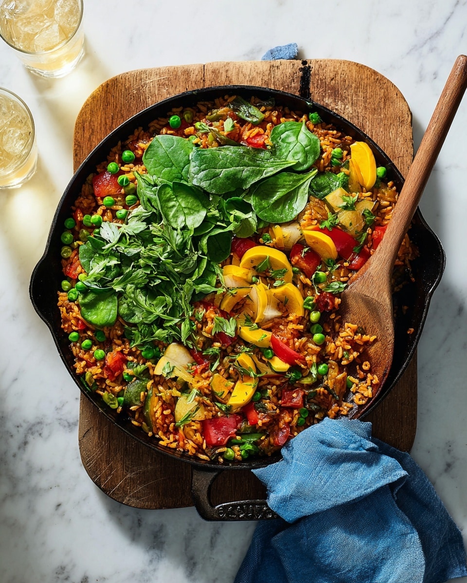 A black cast iron pan filled with a colorful vegetable rice dish sits on a wooden board over a white marbled surface. The dish shows multiple layers: at the base, orange-brown rice mixed with peas, diced tomatoes, and green herbs. On top, bright green spinach leaves, fresh parsley, yellow and red squash slices, and chopped onions scattered evenly. A wooden spoon is partially inserted into the pan, resting among the vegetables and rice. A blue kitchen towel is placed underneath part of the pan’s handle. photo taken with an iphone --ar 4:5 --v 7