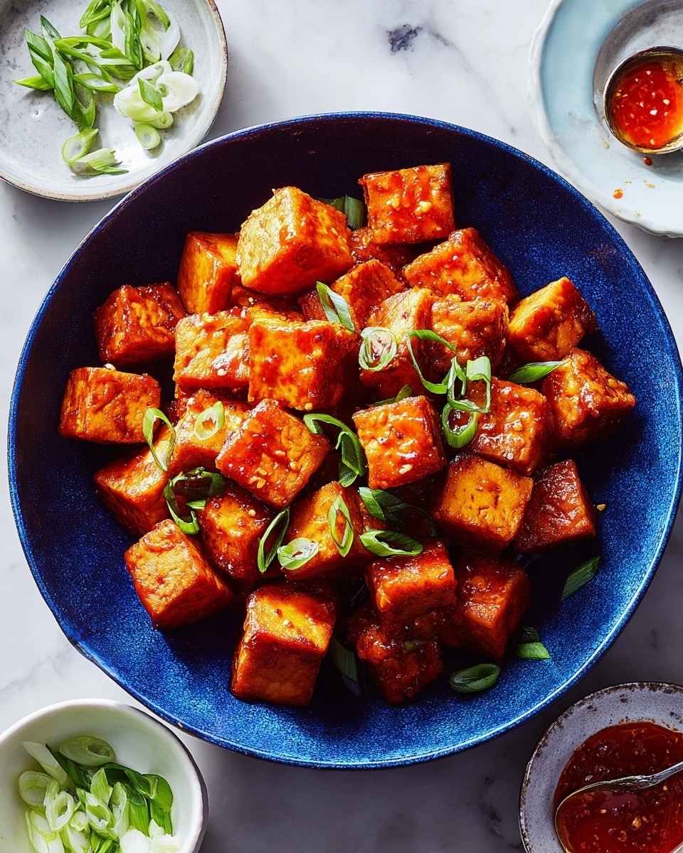 A deep blue bowl is filled with golden-brown tofu cubes, each coated in a shiny, reddish-orange sauce that gives a glossy texture. The tofu pieces are roughly the same size and are arranged to fill the bowl. Scattered on top are thin, green slices of scallions adding a fresh pop of color. Around the bowl, there are small white dishes containing more scallion slices and a reddish sauce with a spoon. The whole scene is set on a white marbled surface. photo taken with an iphone --ar 4:5 --v 7