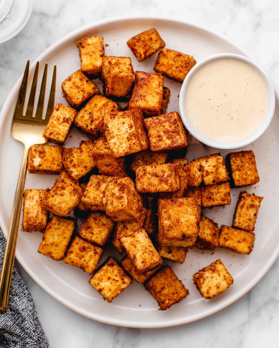A white plate filled with many small, crispy, golden-brown tofu cubes that have a slightly rough and spiced surface, piled in the center. On the top right edge of the plate, there is a small white bowl with a smooth, creamy, light beige dipping sauce. A shiny gold fork is placed resting on the left side of the plate. The whole scene is set against a white marbled texture background. photo taken with an iphone --ar 4:5 --v 7