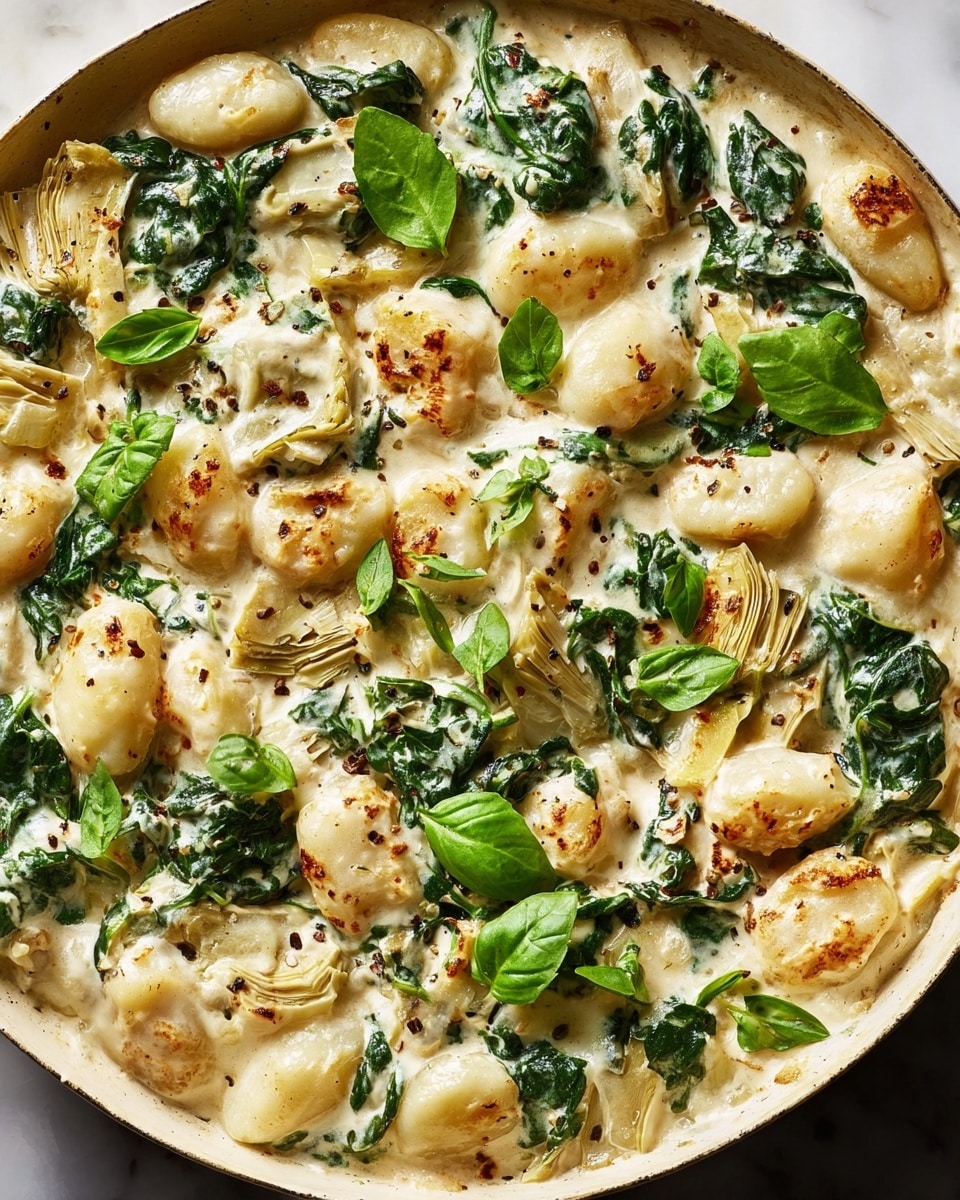 This image shows a creamy dish with three main visible layers: soft white gnocchi pieces scattered throughout, tender green spinach leaves mixed evenly, and thin, slightly browned artichoke slices layered in between. The creamy sauce coats all ingredients with a smooth, glossy texture and is speckled with light brown toasted spots, adding a warm color contrast. Fresh small basil leaves are sprinkled on top, adding a fresh green detail. The dish sits on a white marbled surface. photo taken with an iphone --ar 4:5 --v 7