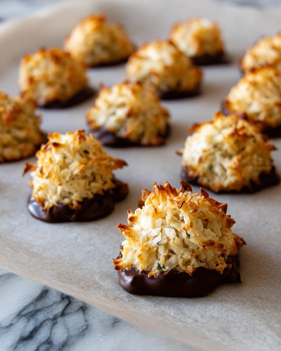 The image shows several small coconut macaroons placed on a baking sheet covered with parchment paper, arranged in rows that stretch into the background. Each macaroon is roughly shaped like a small mound with a rough, uneven texture made of toasted shredded coconut in light golden and creamy white tones. The base of each macaroon is dipped in dark chocolate, creating a smooth, shiny, and rich contrast in deep brown. The overall scene has a soft focus with the front macaroons in clear view and the ones towards the back fading gently into blur. All of this is set on a white marbled texture surface. photo taken with an iphone --ar 4:5 --v 7