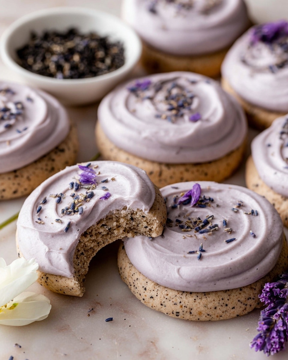A close-up image of a stack of three round cookies with a light beige color and specks throughout, each separated by a smooth layer of pale lavender frosting. The top cookie in the stack has a bite taken out of it, revealing its soft and crumbly texture. Surrounding the stack are more cookies, each topped with a swirl of the same lavender frosting and sprinkled with small dark flakes and tiny lavender buds. The cookies rest on a white marbled surface, with small white flowers and a white bowl filled with dried dark leaves and lavender buds in the background. Photo taken with an iphone --ar 4:5 --v 7