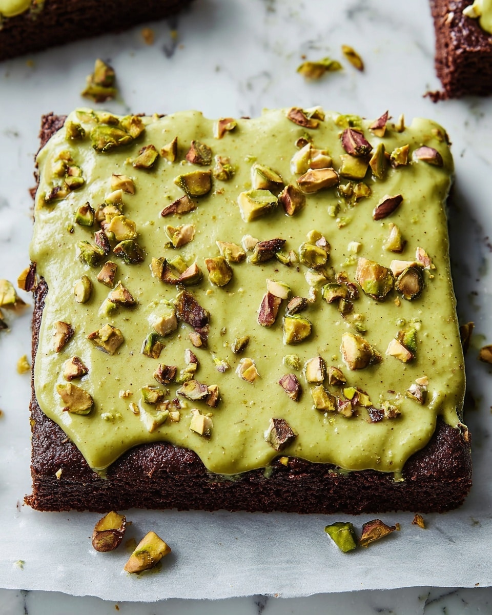 A square brownie with a dark brown base layer that looks soft and chewy, topped by a thick, smooth layer of light green frosting spread unevenly with some areas dripping slightly over the edges. Scattered on top of the frosting are pieces of chopped pistachios, adding texture and a mix of green and brown colors. The brownie is placed on white parchment paper, resting on a white marbled surface. Photo taken with an iphone --ar 4:5 --v 7