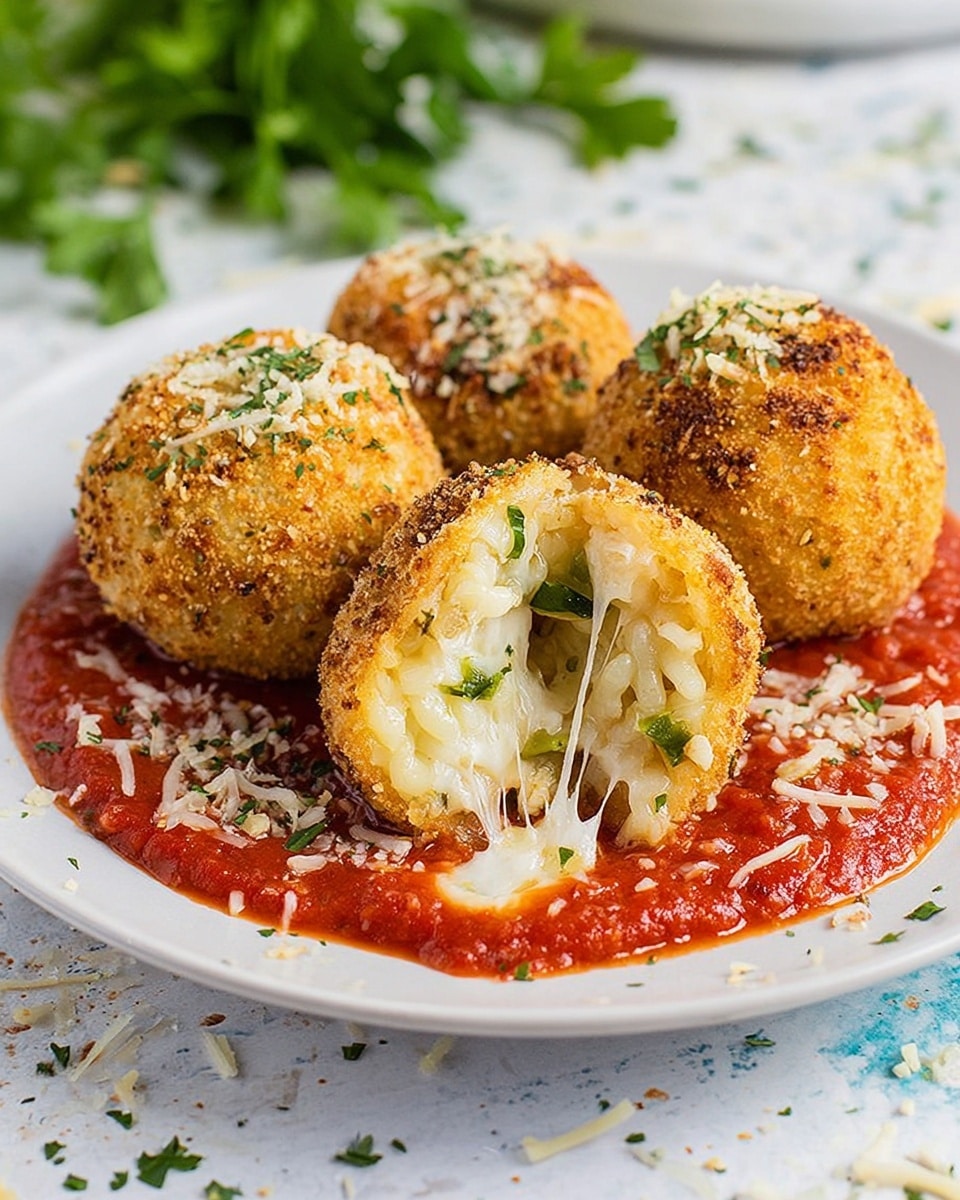 The image shows a white plate with three golden-brown, crispy, round arancini balls on a layer of bright red marinara sauce. One arancini is cut open, revealing a soft inner layer of white rice mixed with green herbs and melted white cheese stretching slightly. The outer layer is crunchy and coated with seasoned breadcrumbs with small bits of green herbs and grated cheese sprinkled on top. The plate is on a white marbled surface with some green parsley blurred in the background. photo taken with an iphone --ar 4:5 --v 7
