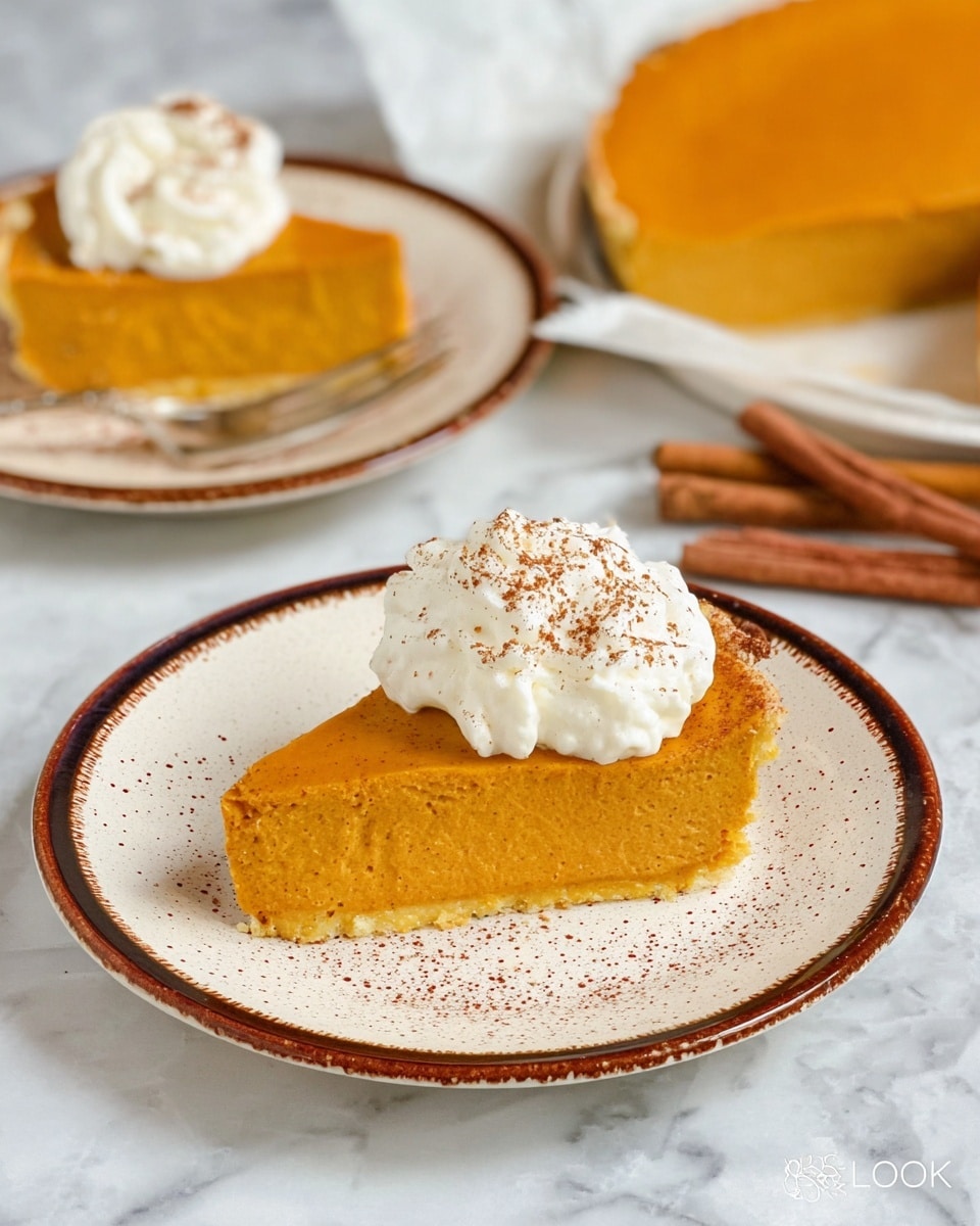 The image shows a thick slice of pumpkin pie on a white plate with a brown speckled rim, the pie has a smooth and creamy orange filling with a slightly darker, firm crust on the bottom. On top of the pie slice is a large dollop of white whipped cream sprinkled with cinnamon powder. In the background, there is another similar slice on a similar plate, and a larger whole pie with a missing slice resting on white parchment paper. Two cinnamon sticks are placed on the white marbled surface near the plates. photo taken with an iphone --ar 4:5 --v 7