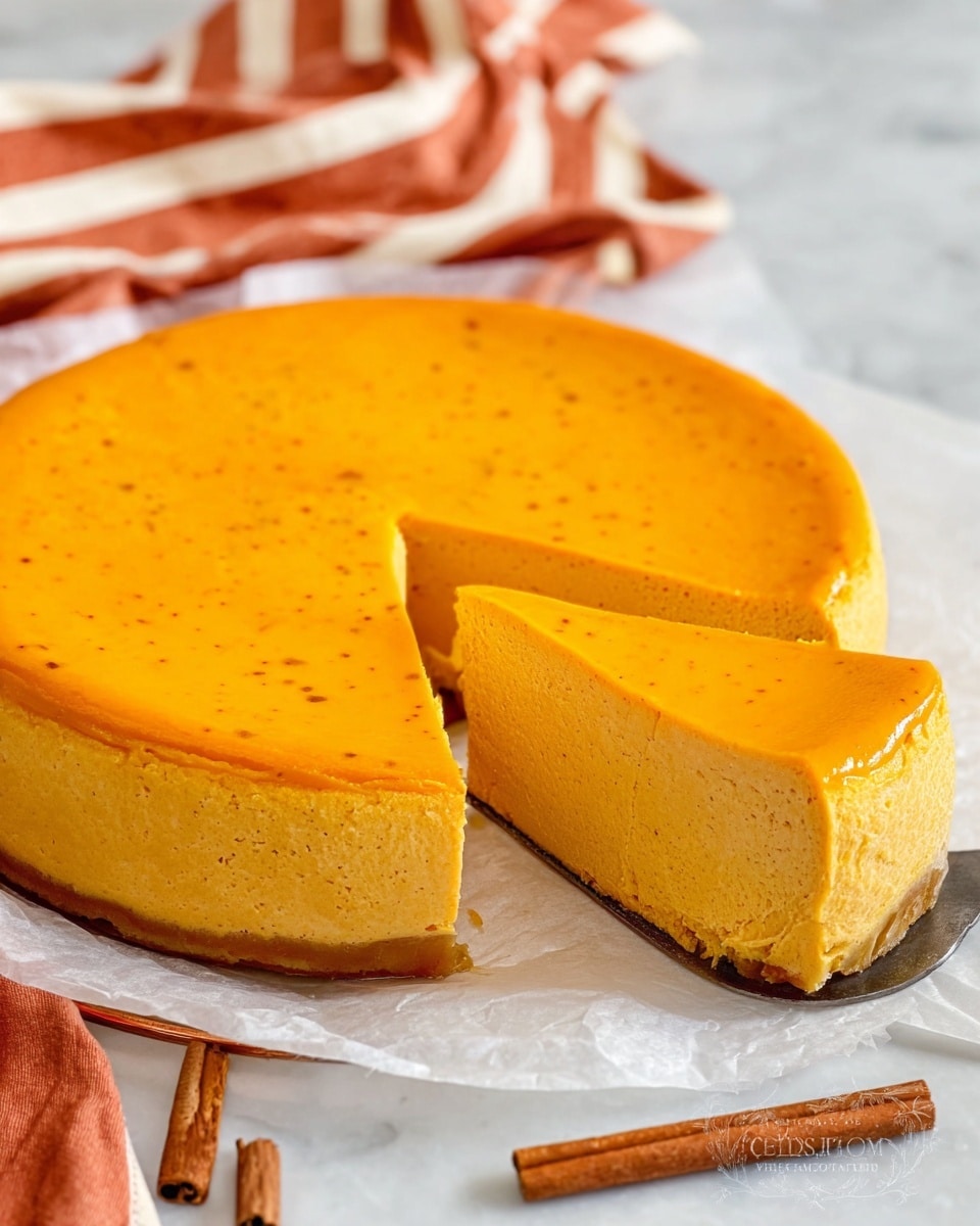 The image shows a round, smooth, and creamy pumpkin cheesecake with one large slice removed, revealing the dense, orange interior layer with a soft texture and no crust. The cheesecake rests on a piece of white baking paper on a white marbled surface, with an orange and white striped cloth in the background. The top layer is glossy and evenly colored bright orange with a few small, darker spots scattered across. In the foreground, two cinnamon sticks lie near the bottom right corner. Photo taken with an iphone --ar 4:5 --v 7