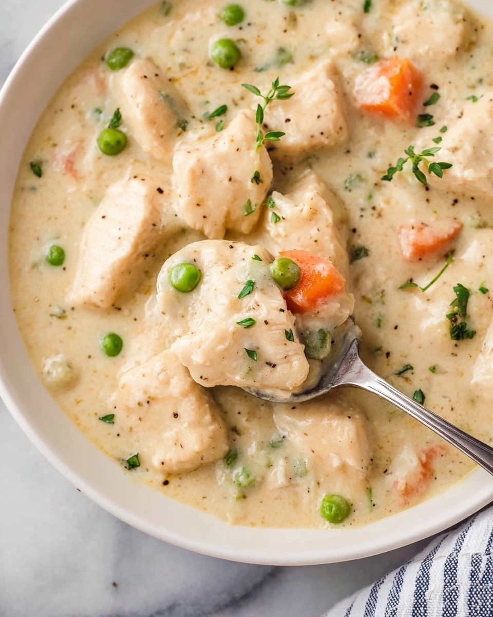 The image shows a close-up of a creamy chicken and vegetable stew served in a white bowl. The dish has a thick, light beige sauce with visible black pepper specks. Large chunks of white chicken meat are mixed with green peas and small orange carrot pieces. The stew is garnished with small green herb leaves scattered on top. A silver spoon is scooping some of the stew, holding a piece of chicken, a green pea, and a carrot piece, all coated in the creamy sauce. The bowl rests on a white marbled surface with part of a striped cloth visible at the bottom right. photo taken with an iphone --ar 4:5 --v 7