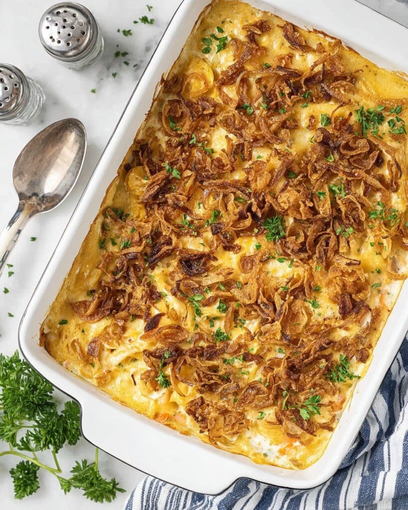 Chicken and Potato Casserole with Creamy Vegetables and Crispy Onions Recipe