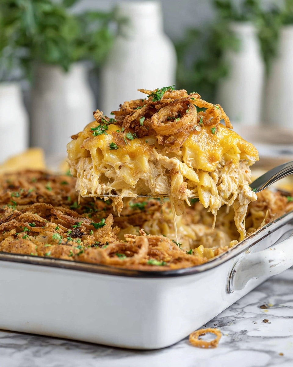 A golden brown casserole is shown being lifted by a metal spatula. The dish has multiple layers: a crispy, browned top layer with fried onion rings and sprinkled green herbs, a thick creamy yellow cheese layer beneath it, and a soft light brown shredded chicken mixed with pasta at the bottom. The casserole is in a white enamel baking dish with a handle, set on a white marbled surface with blurred green plants and white jars in the background. The texture looks creamy and cheesy with crunchy onion topping visible. Photo taken with an iphone --ar 4:5 --v 7