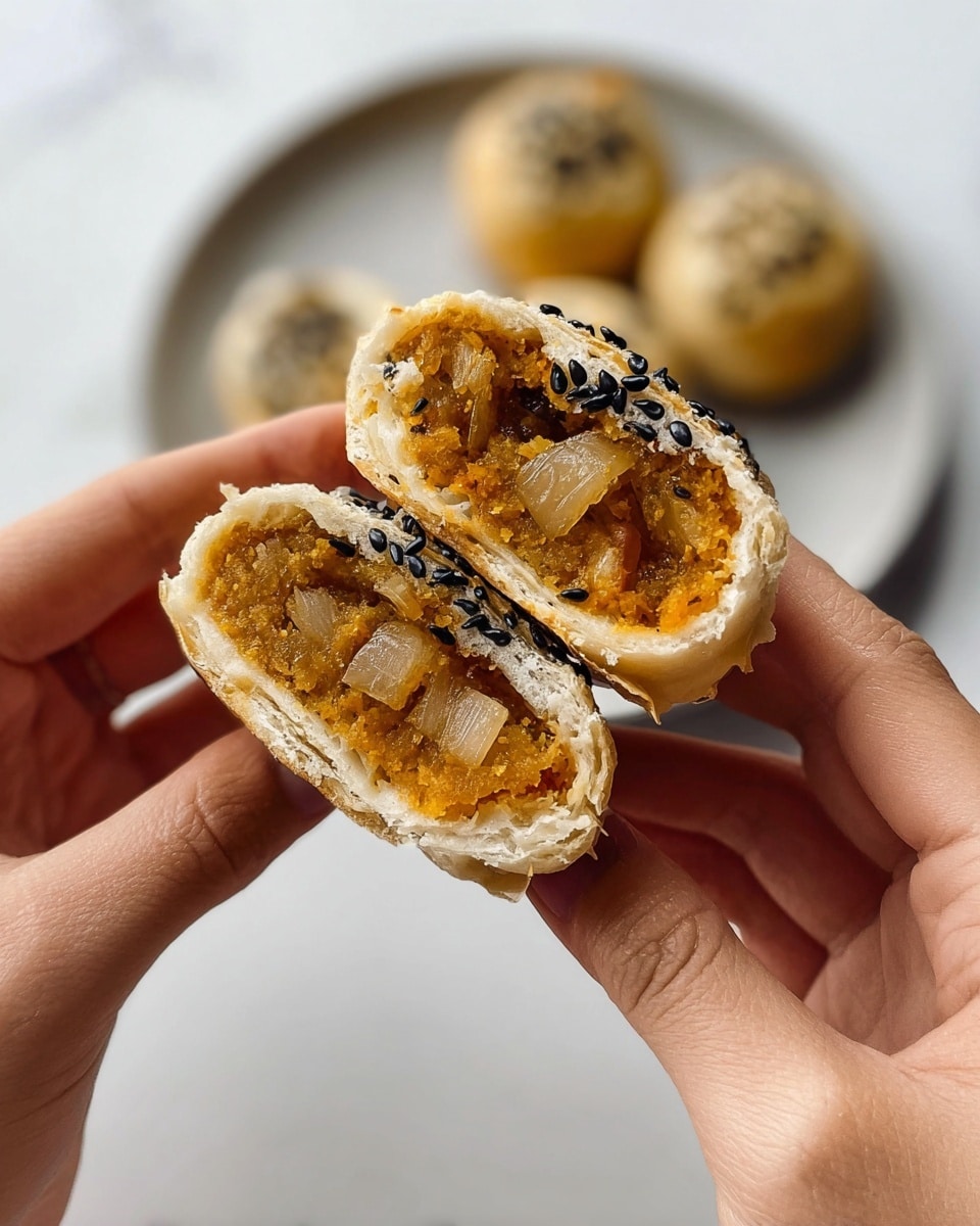 The image shows a close-up of a small pastry cut in half, held by two woman's hands. The outer layer is thin, light beige, with black sesame seeds stuck on the surface. Inside, there are two main layers: an orange, mashed-looking filling with a soft texture, and translucent pieces of cooked onions scattered within that filling. The background shows a white plate with more similar small pastries, all resting on a white marbled surface. Photo taken with an iphone --ar 4:5 --v 7