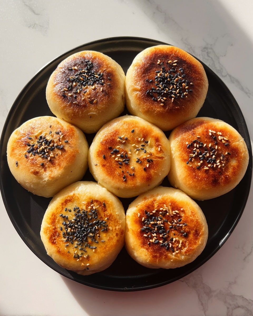 A round black plate holds eight golden-brown stuffed buns, arranged in a circle with one bun in the center. Each bun is slightly thick and has a shiny, smooth surface with some areas of darker browning from cooking. They are topped with scattered black sesame seeds, adding texture and contrast. The buns have a soft, fluffy look with slight puffiness and uneven round shapes, showing they are handmade. The plate is set on a white marbled surface with natural light creating soft shadows, enhancing the warm tones of the buns. photo taken with an iphone --ar 4:5 --v 7