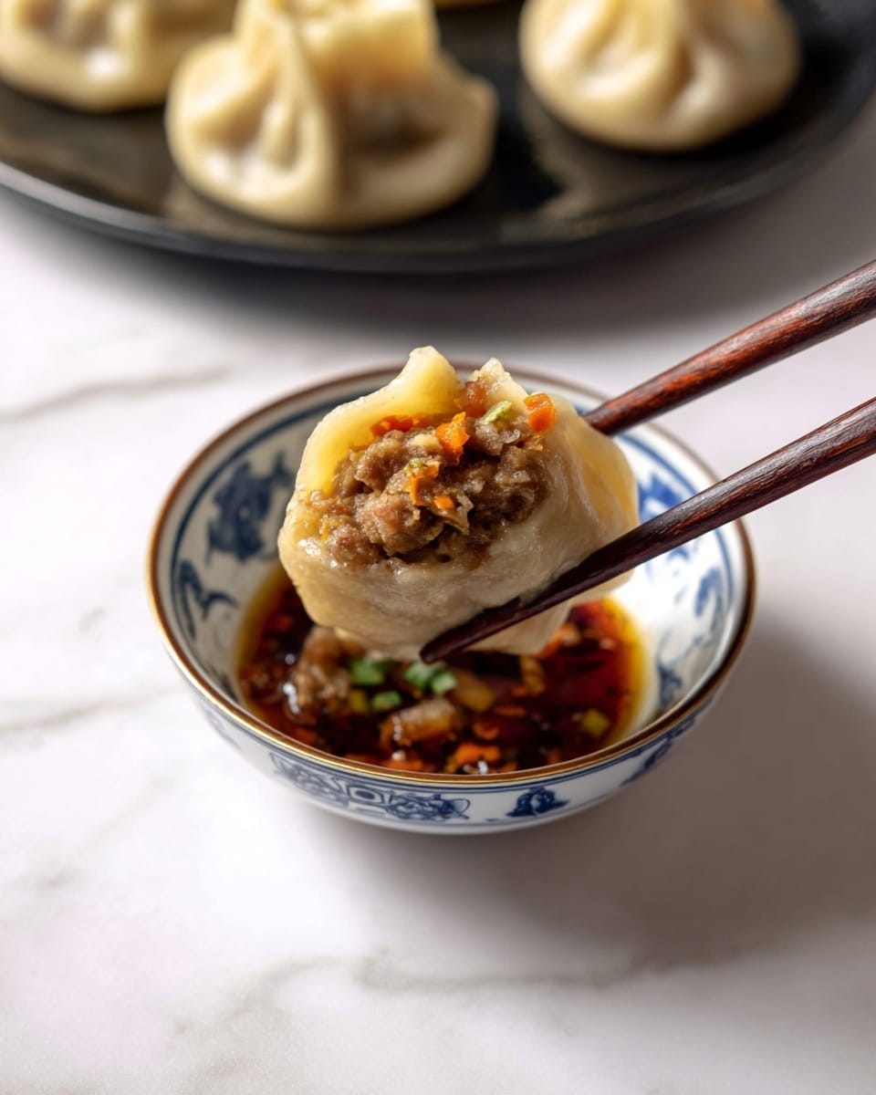 A close-up view shows a dumpling with a soft, light beige outer dough layer filled with a mixture of light brown minced meat and small bits of green and orange vegetables on top. The dumpling is held by dark brown wooden chopsticks above a small white bowl with a blue floral pattern, containing dark reddish-brown sauce with visible chunks of garlic or tofu. In the background, there is a white marbled textured surface with a black plate holding three more dumplings, partially visible and out of focus. photo taken with an iphone --ar 4:5 --v 7