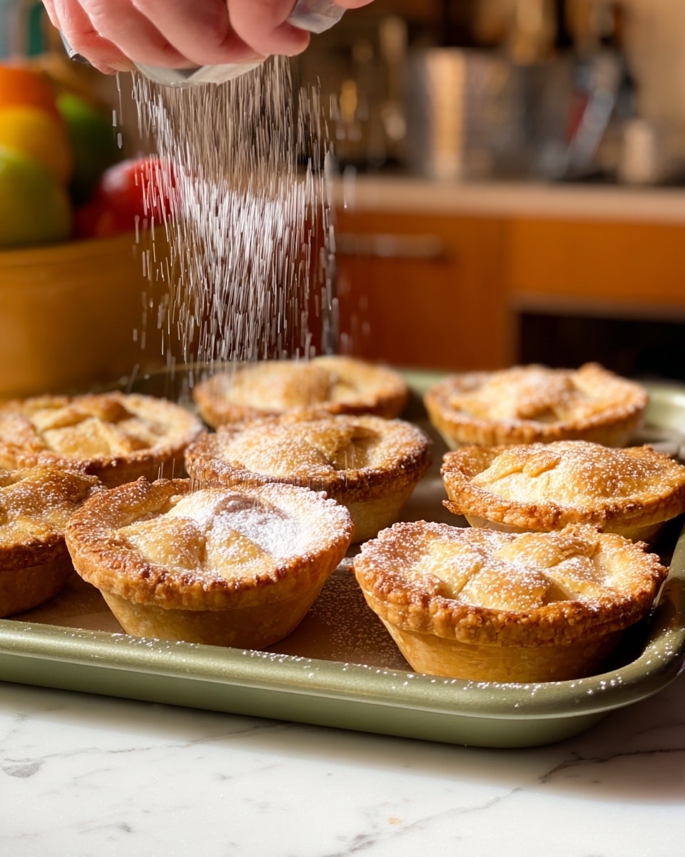 A close-up of six golden brown mini pies arranged in two layers on a baking tray, each pie with a crimped edge and a shiny, slightly domed top crust. A woman's hand is sprinkling fine white powdered sugar over the pies, creating a soft dusting that falls gently on their surfaces, catching the light. The pies have a flaky texture with a rich, toasted color variation around the edges. The tray holding the pies is an olive green color placed on a white marbled surface. The blurred kitchen counter is in the background with warm tones and utensils visible in soft focus. photo taken with an iphone --ar 4:5 --v 7