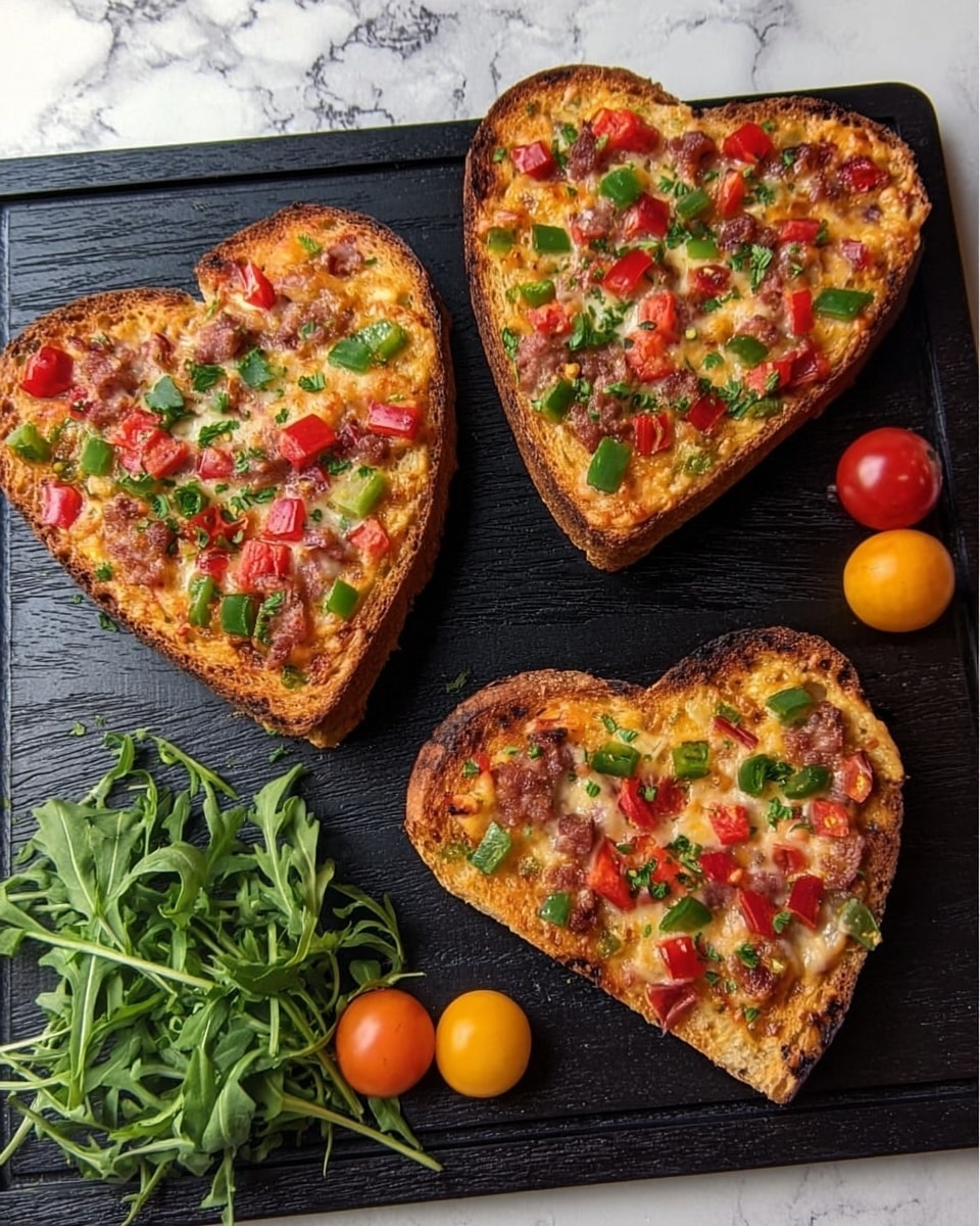 The image shows three heart-shaped pizza toasts placed on a black wooden board. Each toast has a golden-brown crust with a slightly crispy texture. The topping includes diced red tomatoes, green bell peppers, and small pieces of sausage or ham, evenly spread across the surface with melted cheese holding everything together. The toasts are arranged with two overlapping at the top-left and one separate at the bottom-right. Around the toasts, there are small bunches of fresh green arugula and three small round cherry tomatoes in orange, yellow, and red colors. The background is a white marbled surface. Photo taken with an iphone --ar 4:5 --v 7