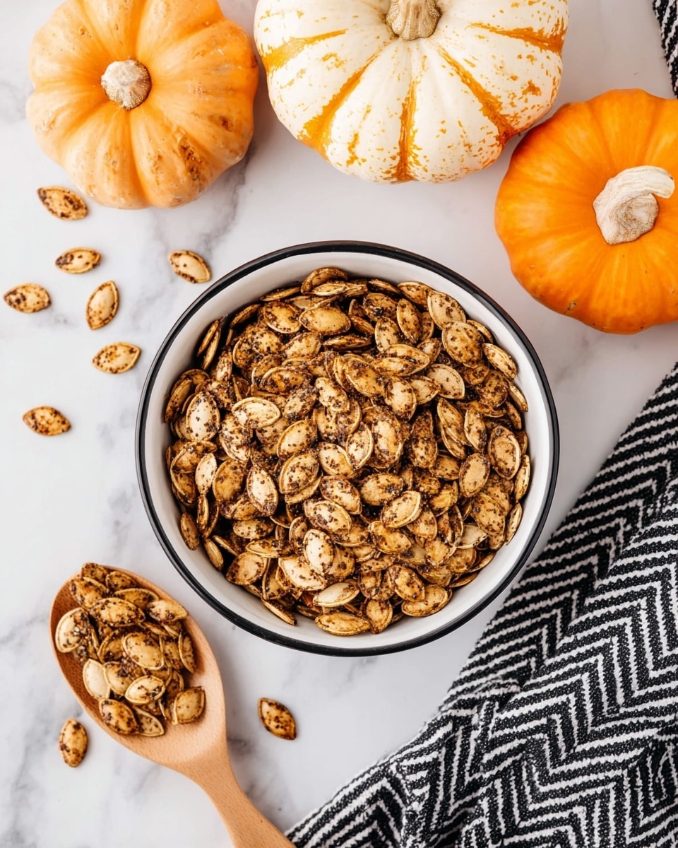 A white bowl with a black rim is filled to the top with roasted pumpkin seeds that are seasoned with a dark spice mix, giving them a speckled brown and light tan color. Around the bowl, some seeds are scattered on a white marbled surface. A wooden spoon, also holding some seeds, lies diagonally in the foreground. Nearby are three pumpkins, two orange and one white with orange spots, positioned in the upper part of the image. A black and white chevron-patterned cloth is placed in the bottom right corner. The overall scene is bright with warm tones and textures. photo taken with an iphone --ar 4:5 --v 7
