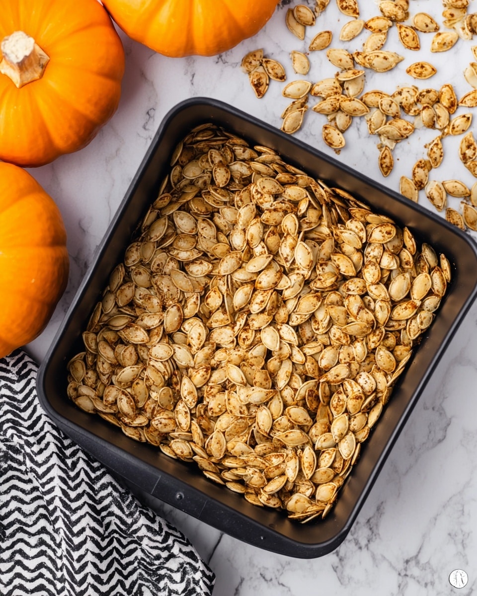 A close-up top view of a black square pan filled with roasted pumpkin seeds that are golden with bits of brown seasoning, spread in an even single layer. Around the pan, some roasted seeds spill onto a white marbled surface. Two whole orange pumpkins are partially visible on the left side, and a black and white zigzag cloth peeks in at the bottom left corner. The scene is bright and clear. Photo taken with an iphone --ar 4:5 --v 7