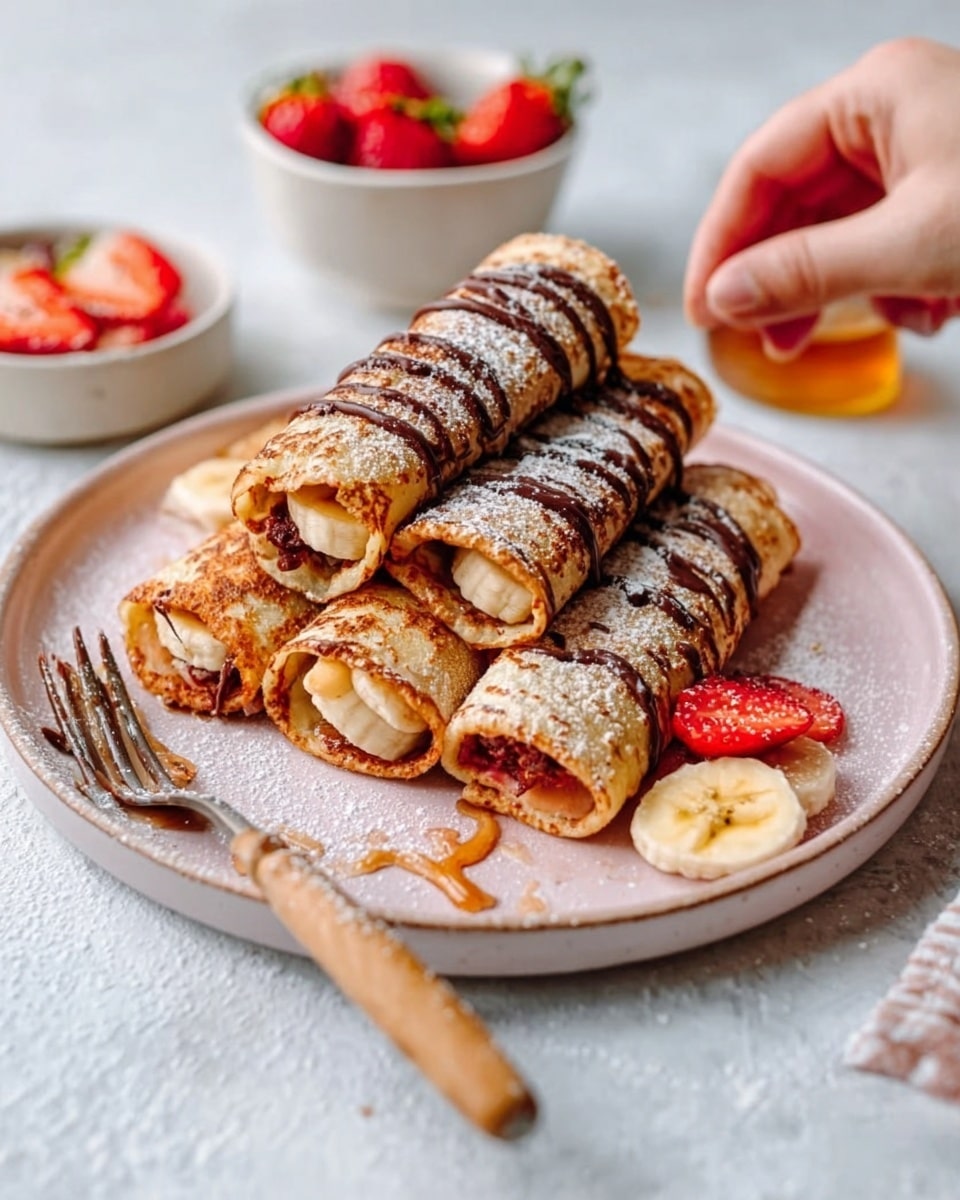 The image shows a stack of four rolled crepes on a white plate with a soft pink tint, each crepe covered lightly with a dusting of powdered sugar and drizzled with chocolate sauce. The crepes have a golden-brown texture with visible lightly toasted spots. Scattered around the crepes on the plate are small red strawberries and thin slices of banana. To the side of the plate is a fork with a wooden handle, and a woman's hand is gently holding the fork. In the background, there is a small white bowl filled with strawberries and a small clear jar of honey. The surface underneath is a white marbled texture. photo taken with an iphone --ar 4:5 --v 7