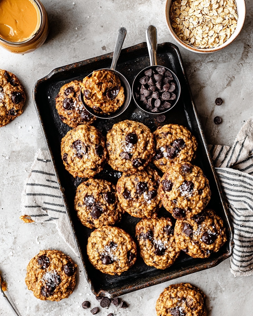 A black tray filled with a single layer of round oatmeal chocolate chip cookies, each cookie showing a mix of golden brown oats and dark chocolate chips, some with a sprinkling of coarse salt on top. The tray holds two small silver cups: one filled with rolled oats, the other with dark chocolate chips. Around the tray on a white marbled texture surface are a few extra cookies and scattered chocolate chips, with a partially visible white bowl of peanut butter and a striped cloth nearby. Photo taken with an iphone --ar 4:5 --v 7
