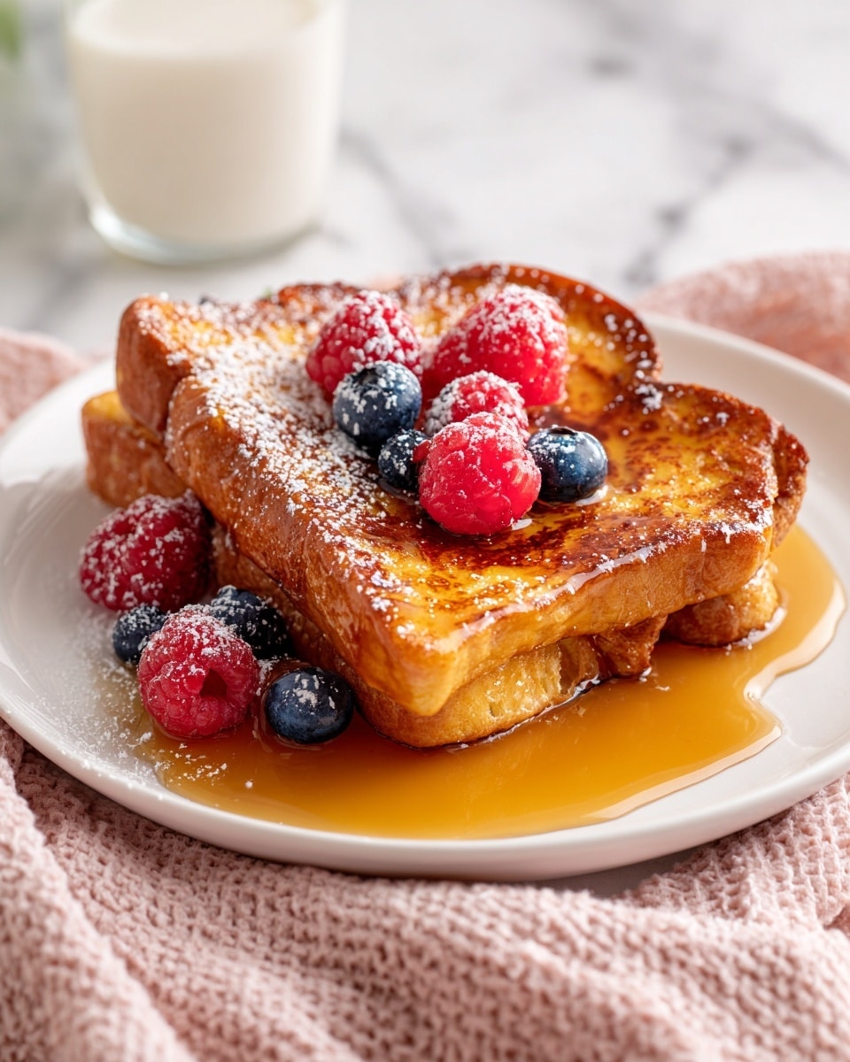 A thick, golden-brown French toast slice sits in the center of a white plate, covered with a shiny layer of caramel syrup that pools around the base. The toast has a soft, slightly fluffy texture visible on the side cut, with a crispy outer edge. Scattered on and around the toast are bright red raspberries and deep blue blueberries, adding fresh color contrast. A fine dusting of white powdered sugar is sprinkled over the toast and berries. The plate rests on a light pink textured cloth, set on a white marbled surface, with a partially visible glass of milk in the background. photo taken with an iphone --ar 4:5 --v 7