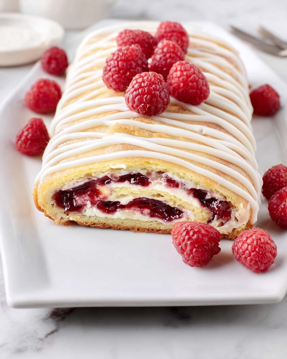 A white rectangular plate holds a rolled pastry dessert sliced to show three layers: a light golden-brown outer crust, a middle layer of creamy white filling, and a dark red berry jam center with visible fruit bits. The top of the pastry is drizzled with smooth white icing in diagonal lines. Several fresh bright red raspberries are placed on top and around the pastry on the plate, resting on a white marbled surface. photo taken with an iphone --ar 4:5 --v 7
