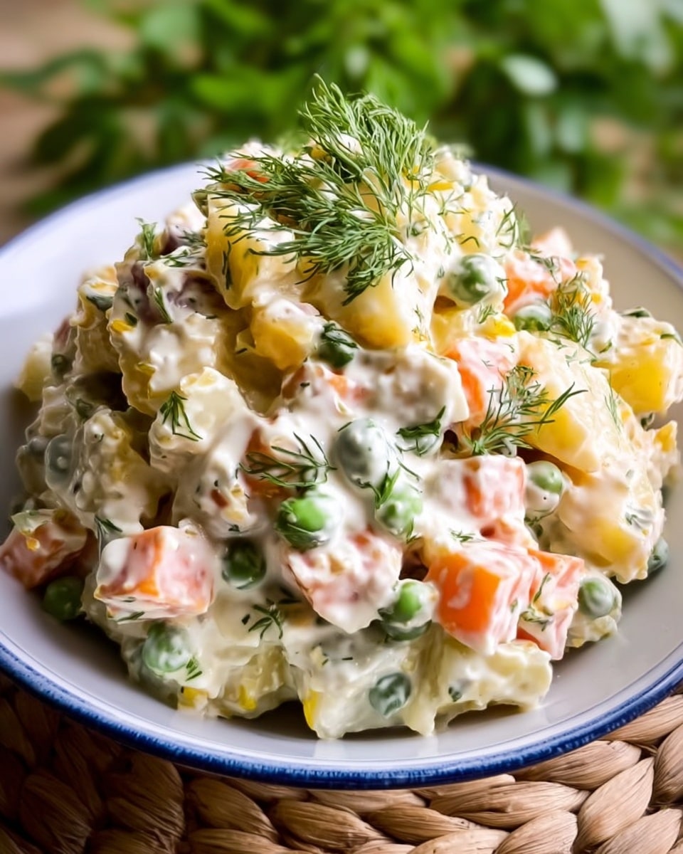 A close-up image of a creamy vegetable salad served in a white bowl with a blue rim, piled high in the center with a mix of small, cubed carrots, yellow potatoes, and green peas all covered in a thick white dressing, garnished with small sprigs of fresh dill on top and throughout the salad, the bowl is placed on a woven natural fiber mat with blurred green leaves in the background, photo taken with an iphone --ar 4:5 --v 7