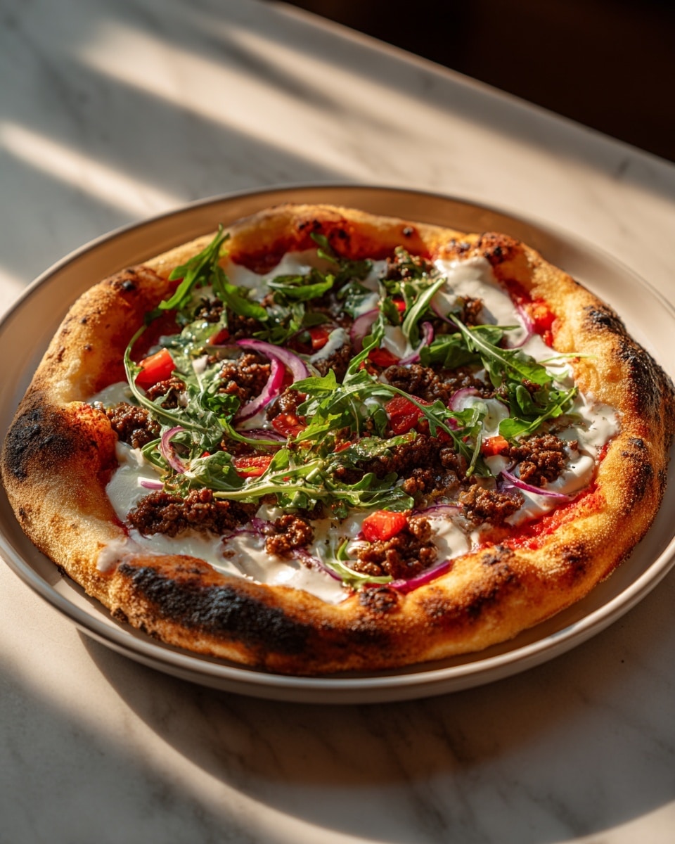 A close-up of a flat, round bread base with a golden, slightly charred crust forms the bottom layer. On top, there is a smooth spread of white sauce covering most of the crust. Next, a thick layer of dark brown cooked ground meat is spread evenly, topped with small red diced tomatoes. In the center, there is a dollop of creamy white sauce, garnished with thin slices of purple onion and sprinkled green herbs. The dish is set on a wooden board with a white marbled texture in the background. photo taken with an iphone --ar 4:5 --v 7