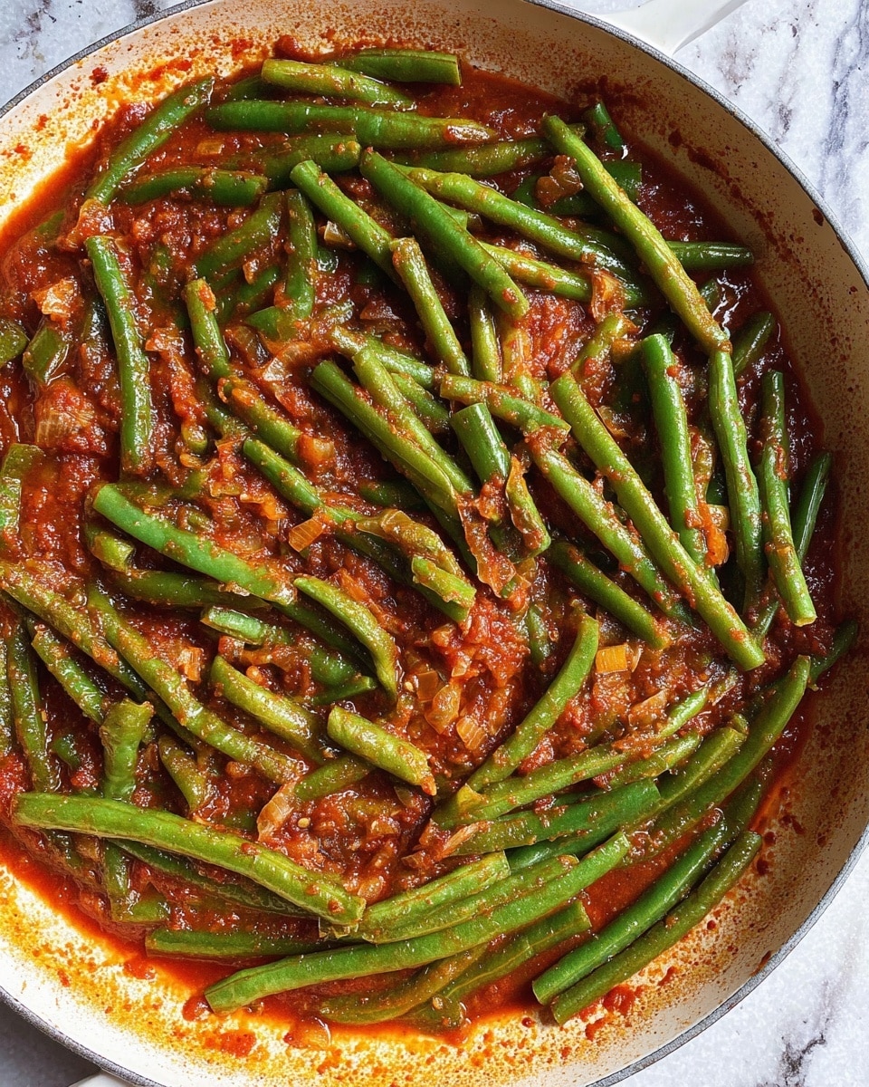 A white pan filled with bright green beans cooked in a thick, chunky red tomato sauce, with visible small pieces of onion and spices mixed throughout the sauce, covering the beans evenly. The pan's edges have some sauce splatters, and the background is a white marbled texture. photo taken with an iphone --ar 4:5 --v 7