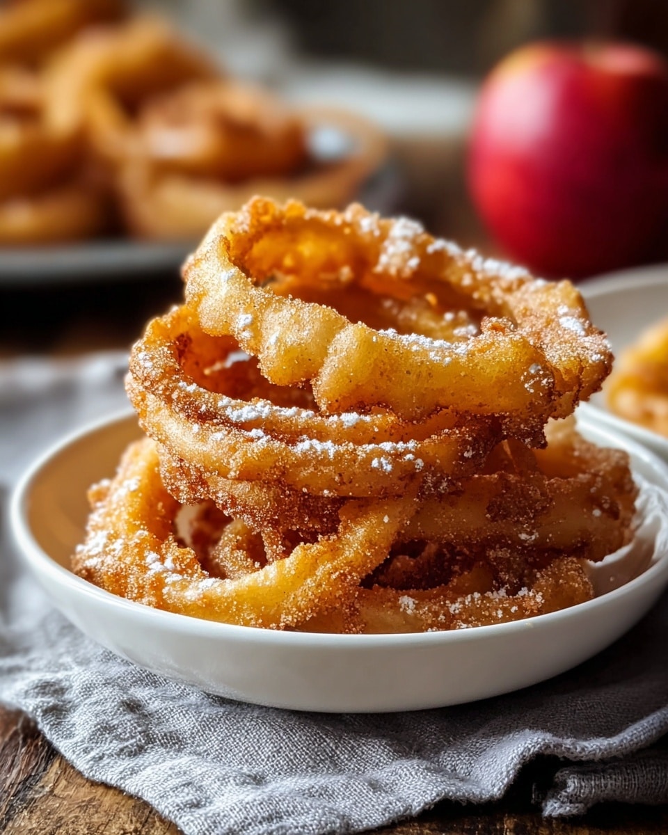 A white shallow bowl holds a pile of golden brown, crispy fried onion rings stacked on top of each other, each coated with specks of cinnamon and dusted lightly with white powdered sugar, giving a slight snowy texture to the rough crispy surfaces. The bowl rests on a soft grey cloth with subtle wrinkles, placed on a warm, wooden table, and the soft focus background shows another partly visible serving and a red apple on the right. The onion rings are thick, crunchy, and have ridged edges with an inviting texture. Photo taken with an iphone --ar 4:5 --v 7