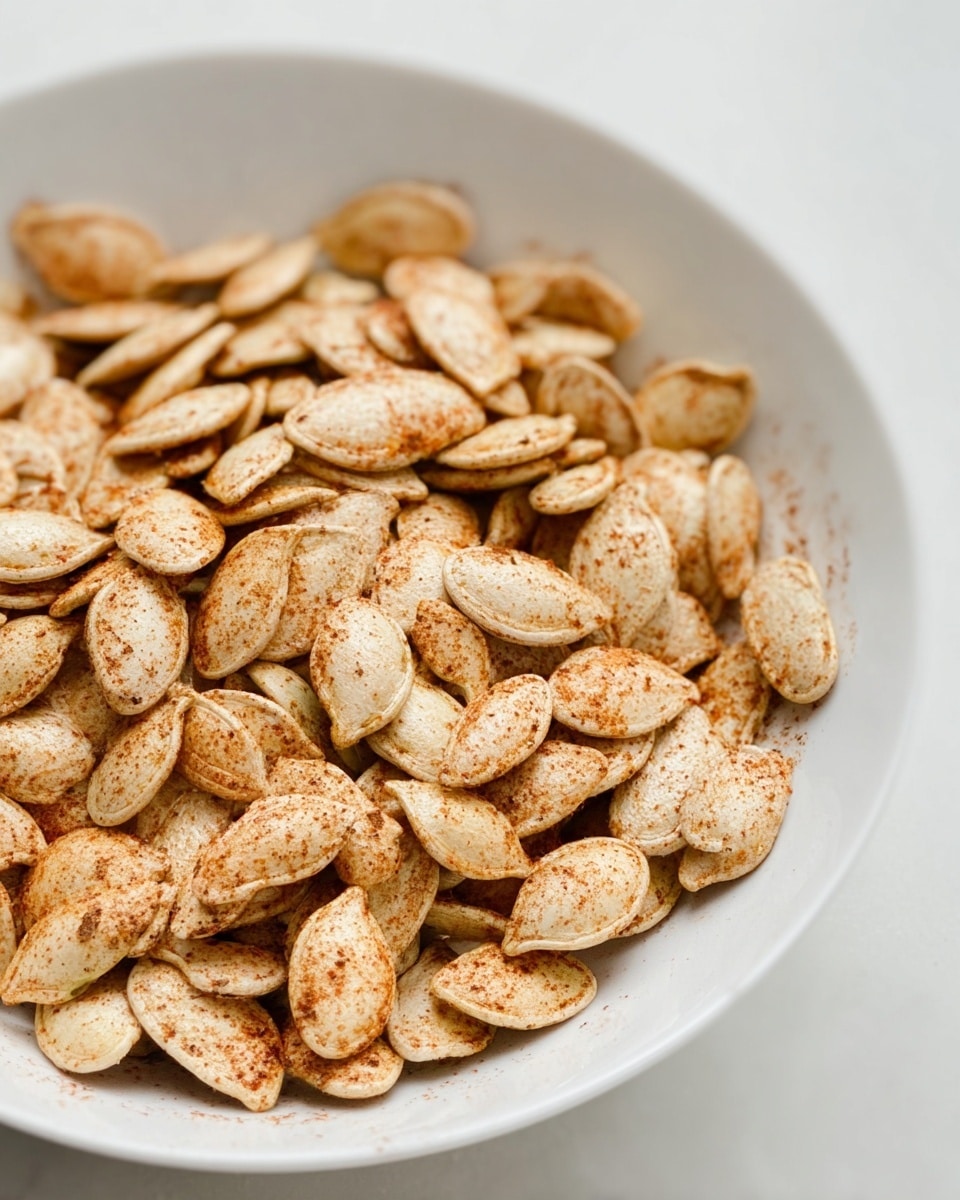 A close-up view of a white bowl filled with a single layer of toasted pumpkin seeds coated with a light sprinkling of reddish-brown seasoning. The seeds have a natural light beige color with uneven specks of seasoning creating a textured look. The bowl is placed on a flat white marbled surface, with no other items visible. Photo taken with an iphone --ar 4:5 --v 7