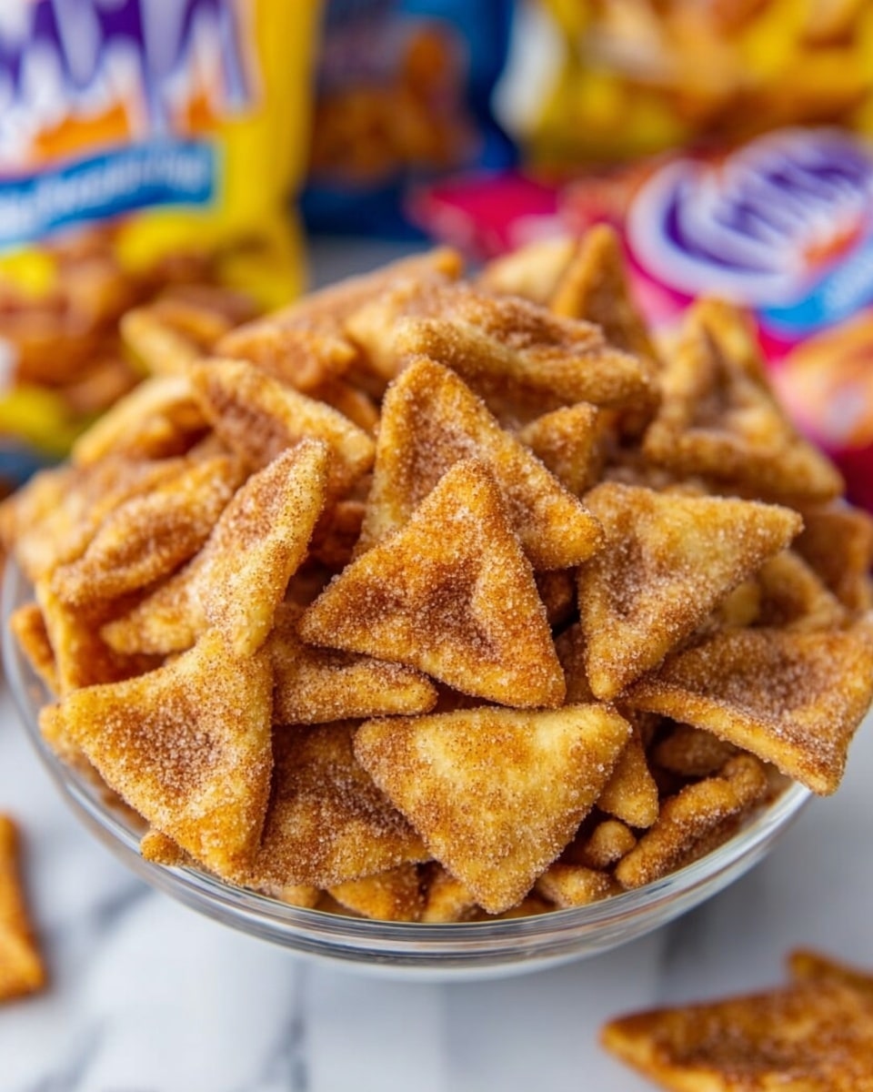 A clear white bowl filled with many small, golden-brown triangle-shaped snacks covered with sugar and cinnamon, showing a crunchy texture; the bowl sits on a white marbled surface with slightly blurred bright snack bags in the background, adding color contrast; the snacks are piled high, some pieces showing a slightly darker baked edge; the photo focuses up close on the bowl from a top angle, highlighting the sugar granules and crispy detail, photo taken with an iphone --ar 4:5 --v 7