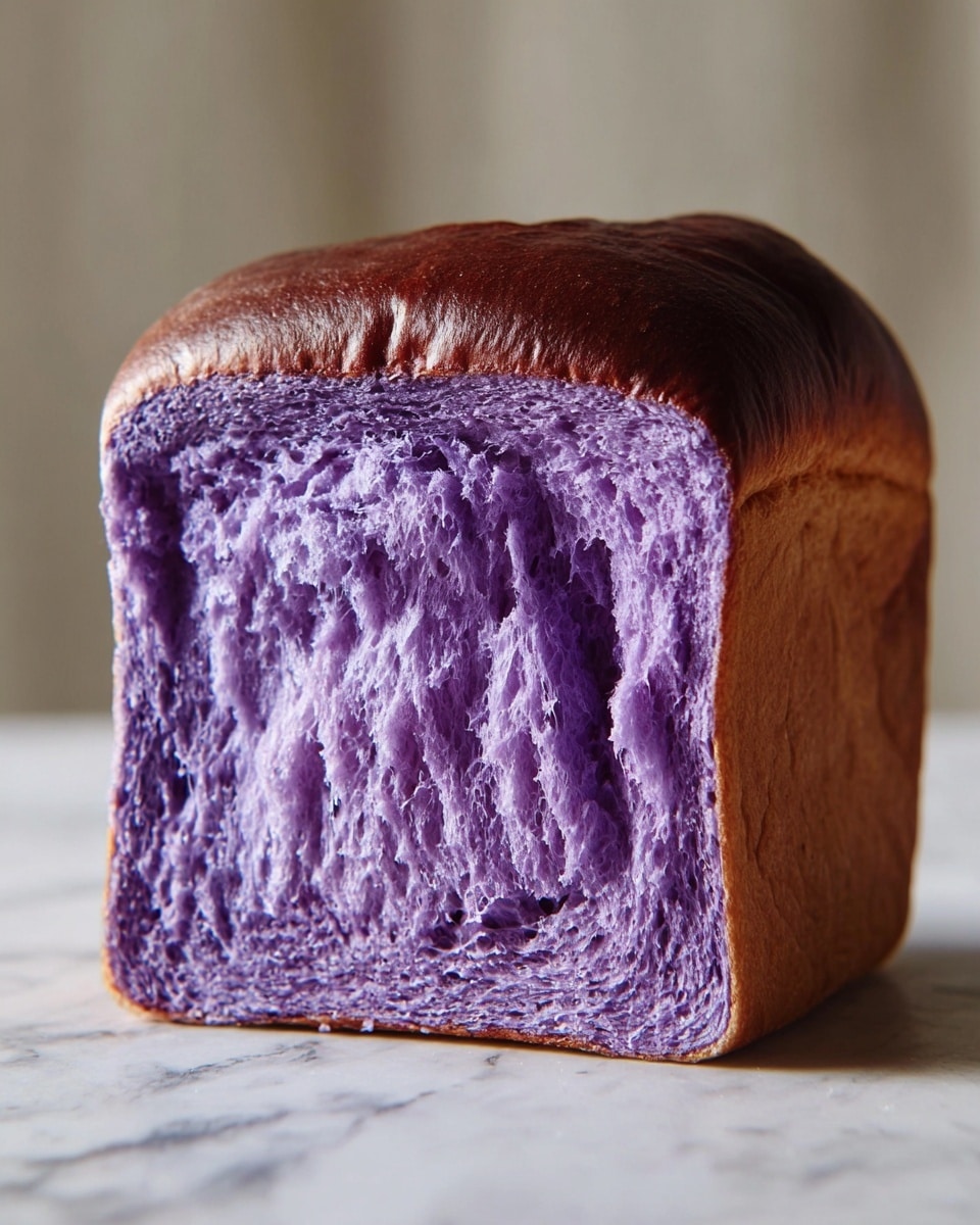 A loaf of bread is shown standing upright on a white marbled surface, with its front side cut open to reveal a soft, fluffy inside that is bright purple in color. The bread has a shiny, dark brown crust on the top and sides, which contrasts with the vibrant, spongy texture of the purple interior. The inside shows uneven layers of purple dough with a slightly moist appearance. Photo taken with an iphone --ar 4:5 --v 7