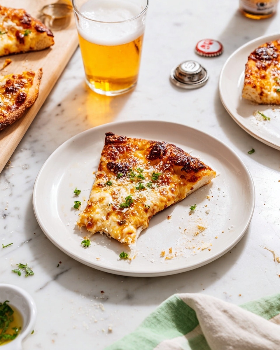 A single slice of cheese pizza with a bite taken out of the side rests on a white plate, showing a golden brown crust with slightly crispy edges. The pizza has a layer of melted, bubbly cheese with some browned spots, topped with small pieces of green herbs and scattered grated cheese on top. The plate sits on a white marbled surface with some crumbs around it. In the background, there is a wooden board holding more pizza slices, and a glass of light amber beer with foam at the top, next to a bottle cap. A white dish with a green herb oil sauce and a spoon is partially visible near the lower left corner, and a cloth with a green edge is in the lower right corner. photo taken with an iphone --ar 4:5 --v 7